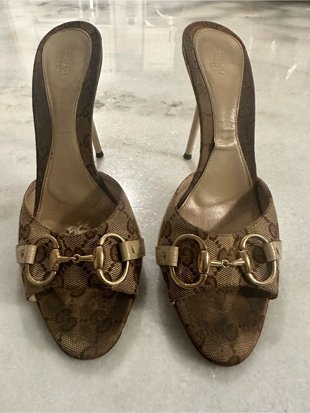 Gucci Brown Canvas Horsebit Mules with Gold Hardware